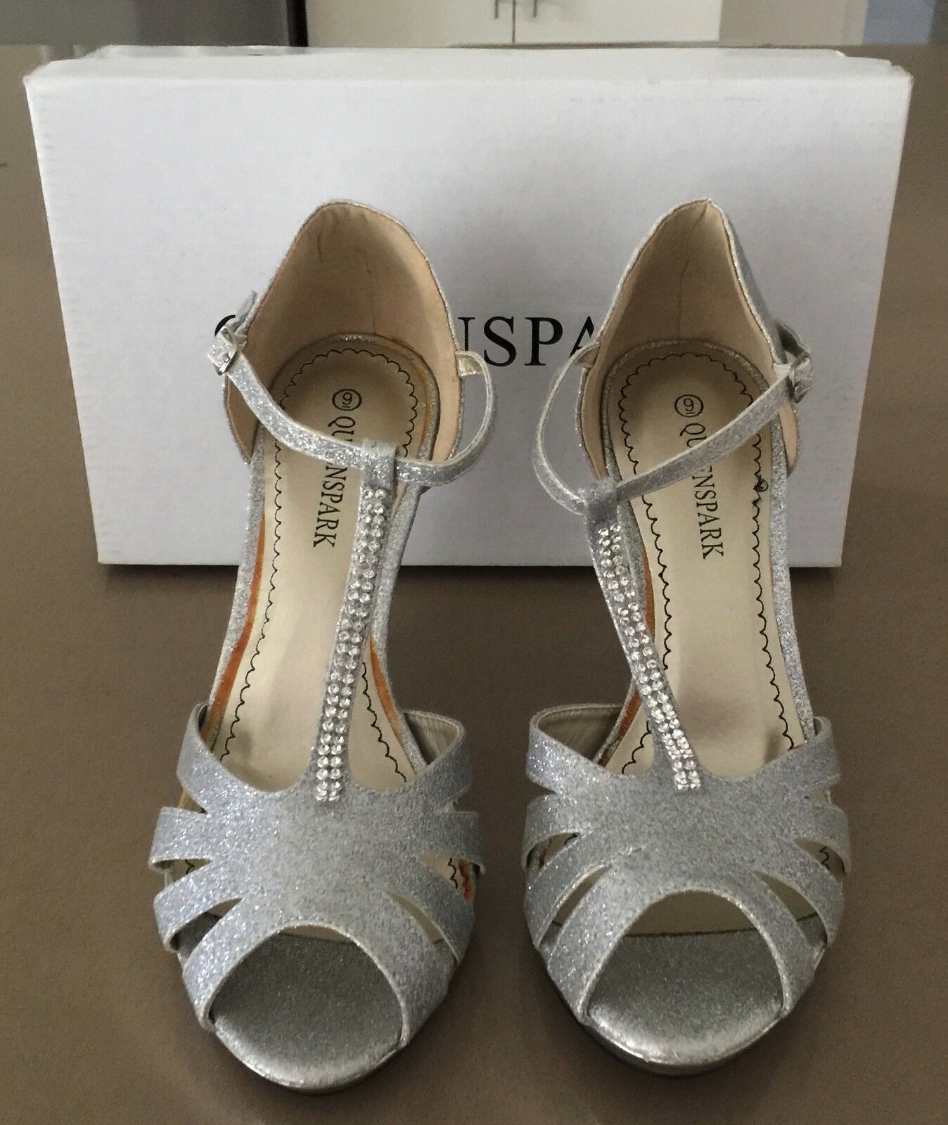 QUEENSPARK Shoes Glitzy T-bar Silver Open Toe Stiletto Heels Pumps Size 9 NEW