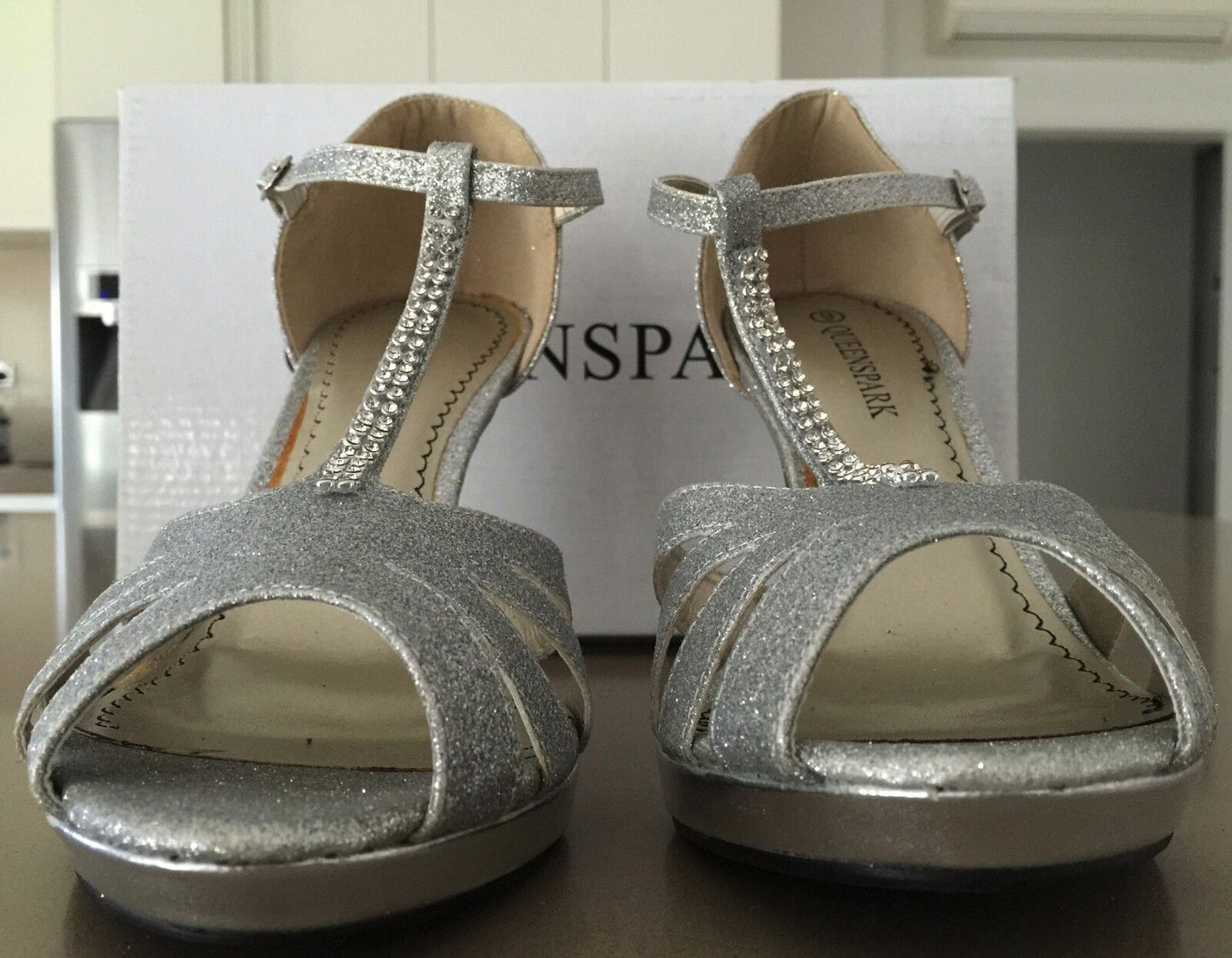 QUEENSPARK Shoes Glitzy T-bar Silver Open Toe Stiletto Heels Pumps Size 9 NEW