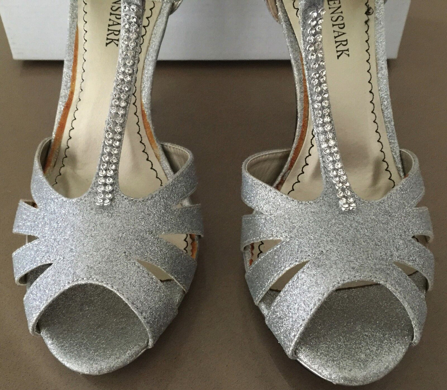 QUEENSPARK Shoes Glitzy T-bar Silver Open Toe Stiletto Heels Pumps Size 9 NEW