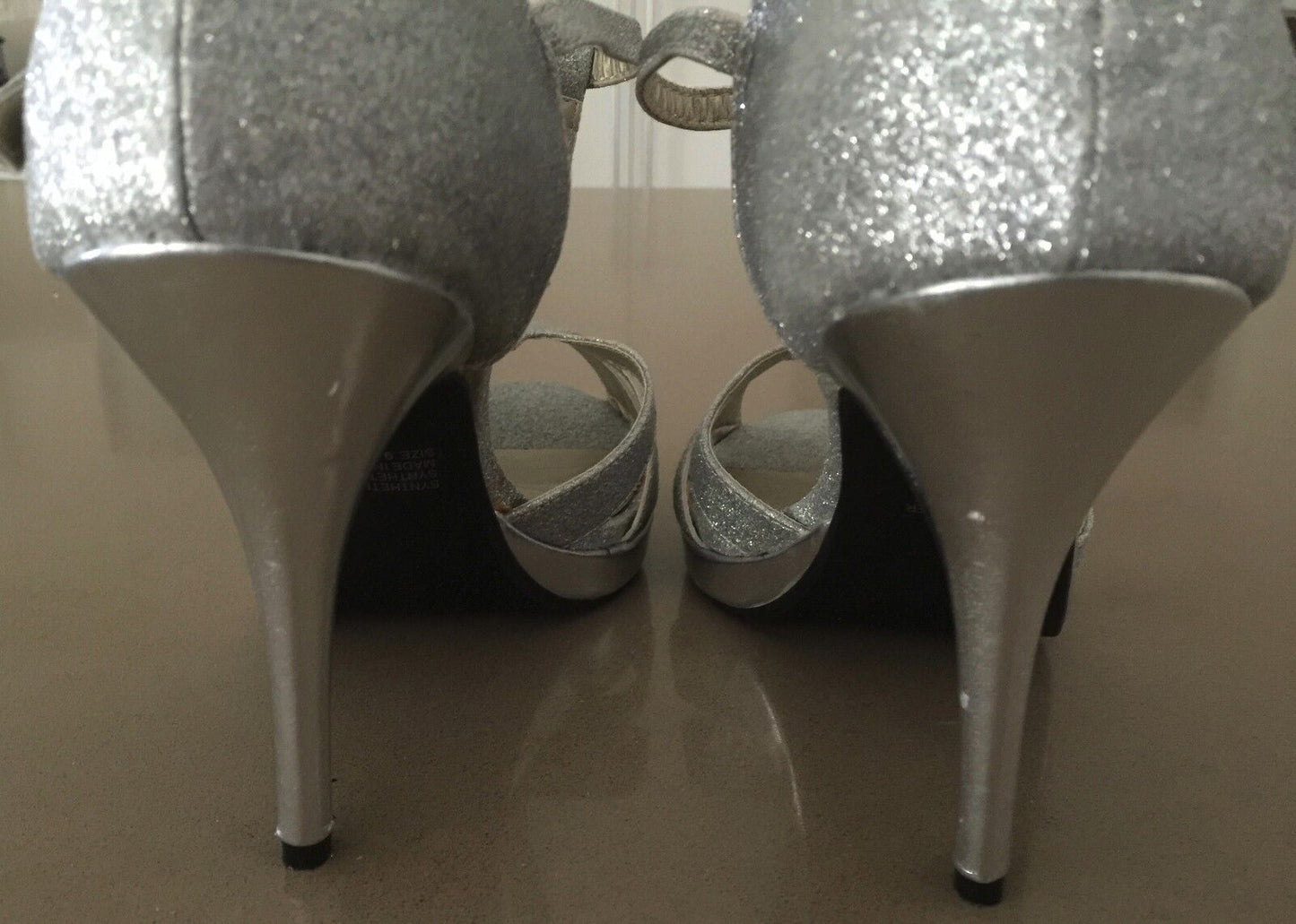 QUEENSPARK Shoes Glitzy T-bar Silver Open Toe Stiletto Heels Pumps Size 9 NEW