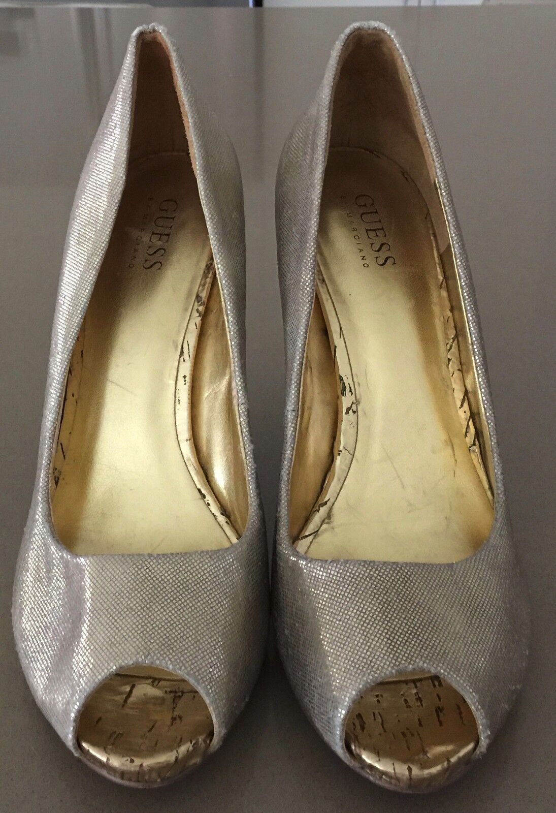 GUESS Gold Shoes Peep Toe Stiletto Heel Pumps Ladies Size 9M Club Formal Luxe