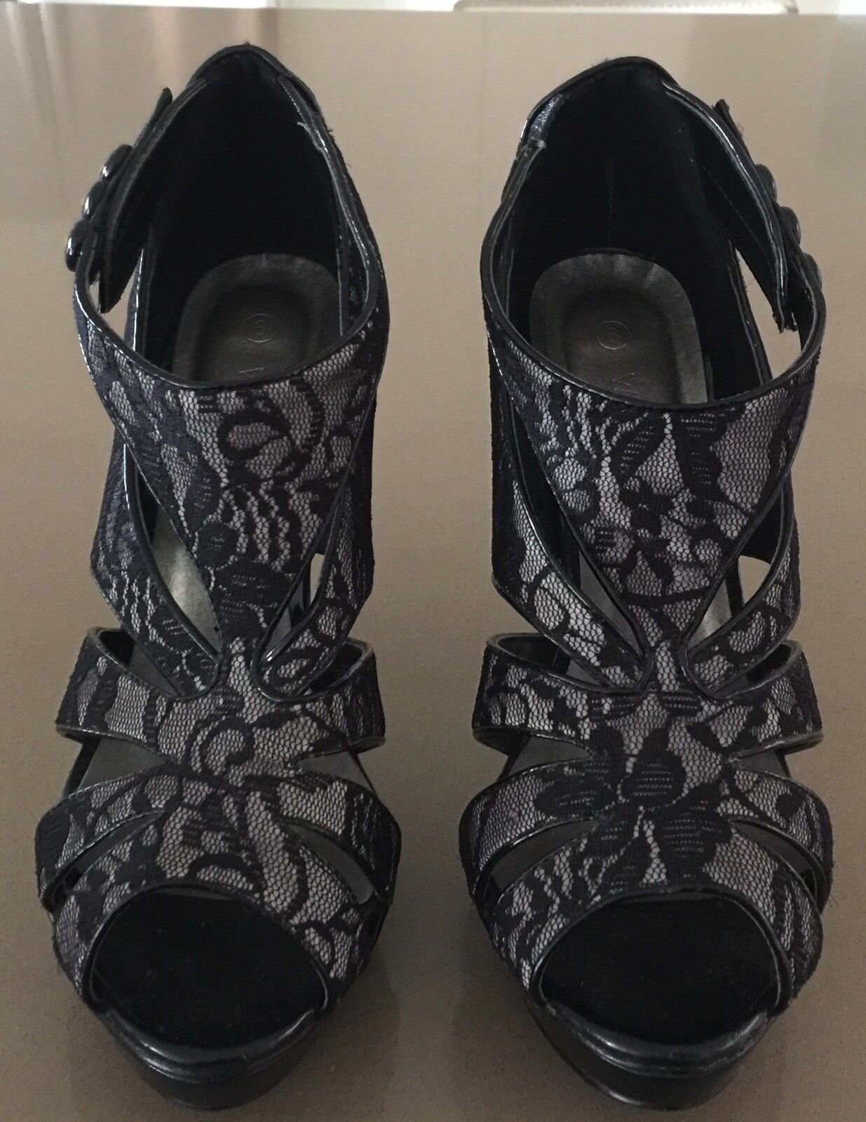 WILDFIRE Black Lace Platform Open Toe Stiletto Heels Shoes Pumps Size 8 NEW