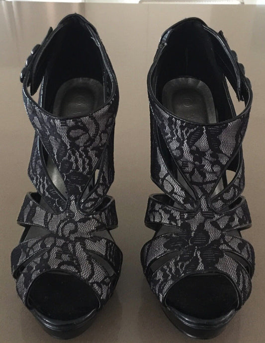 WILDFIRE Black Lace Platform Open Toe Stiletto Heels Shoes Pumps Size 8 NEW