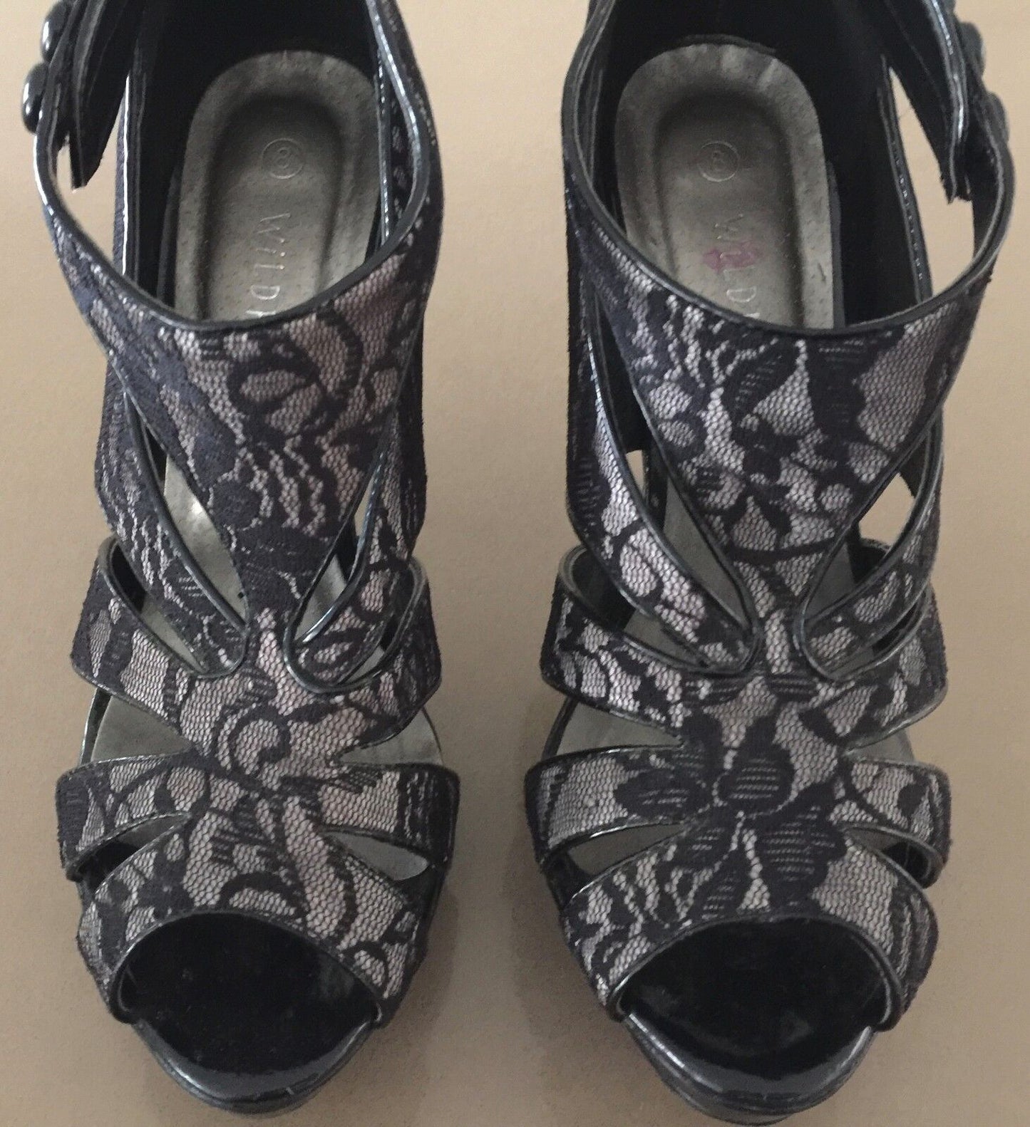 WILDFIRE Black Lace Platform Open Toe Stiletto Heels Shoes Pumps Size 8 NEW