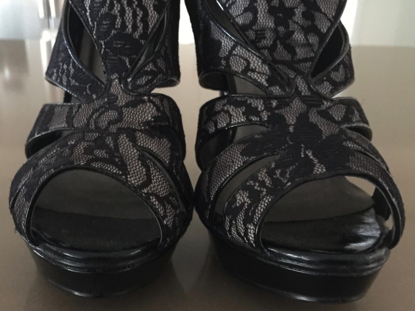 WILDFIRE Black Lace Platform Open Toe Stiletto Heels Shoes Pumps Size 8 NEW