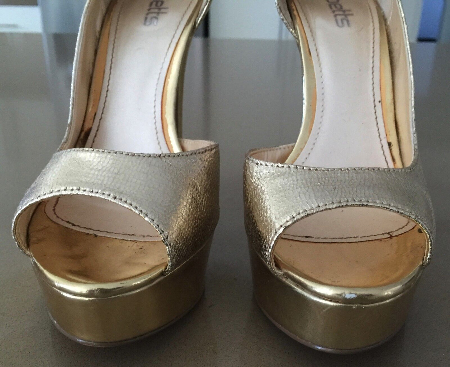 BETTS Shoes Gold Pleather Faux Snakeskin Open Toe Stilettos Pumps Sz 37 Gorgeous