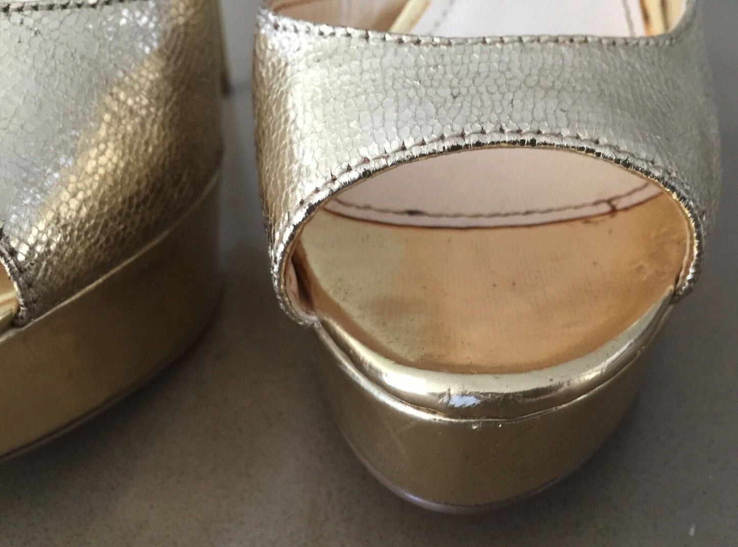 BETTS Shoes Gold Pleather Faux Snakeskin Open Toe Stilettos Pumps Sz 37 Gorgeous
