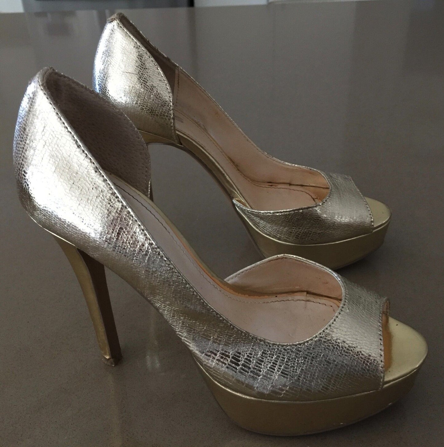 BETTS Shoes Gold Pleather Faux Snakeskin Open Toe Stilettos Pumps Sz 37 Gorgeous