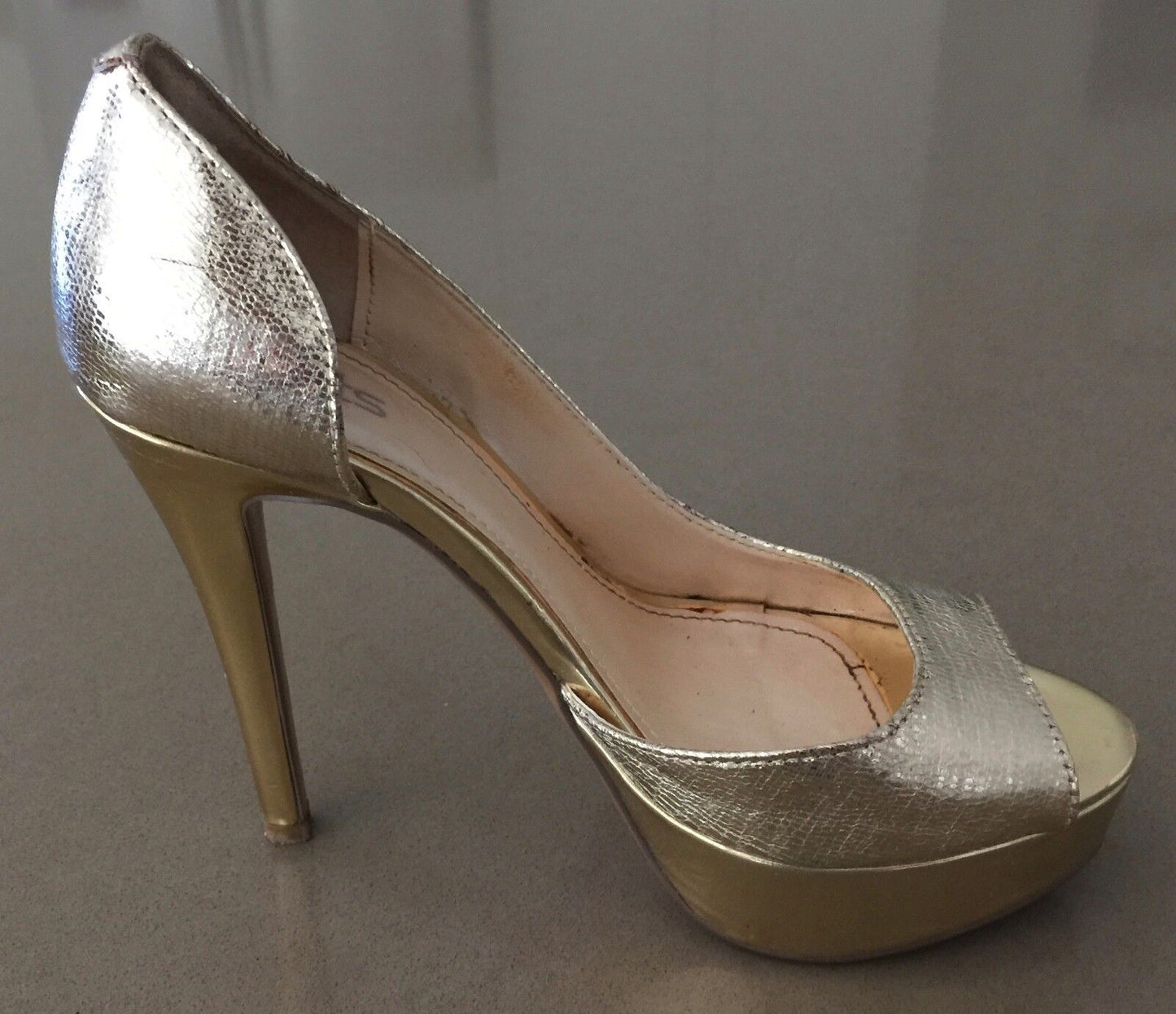 BETTS Shoes Gold Pleather Faux Snakeskin Open Toe Stilettos Pumps Sz 37 Gorgeous
