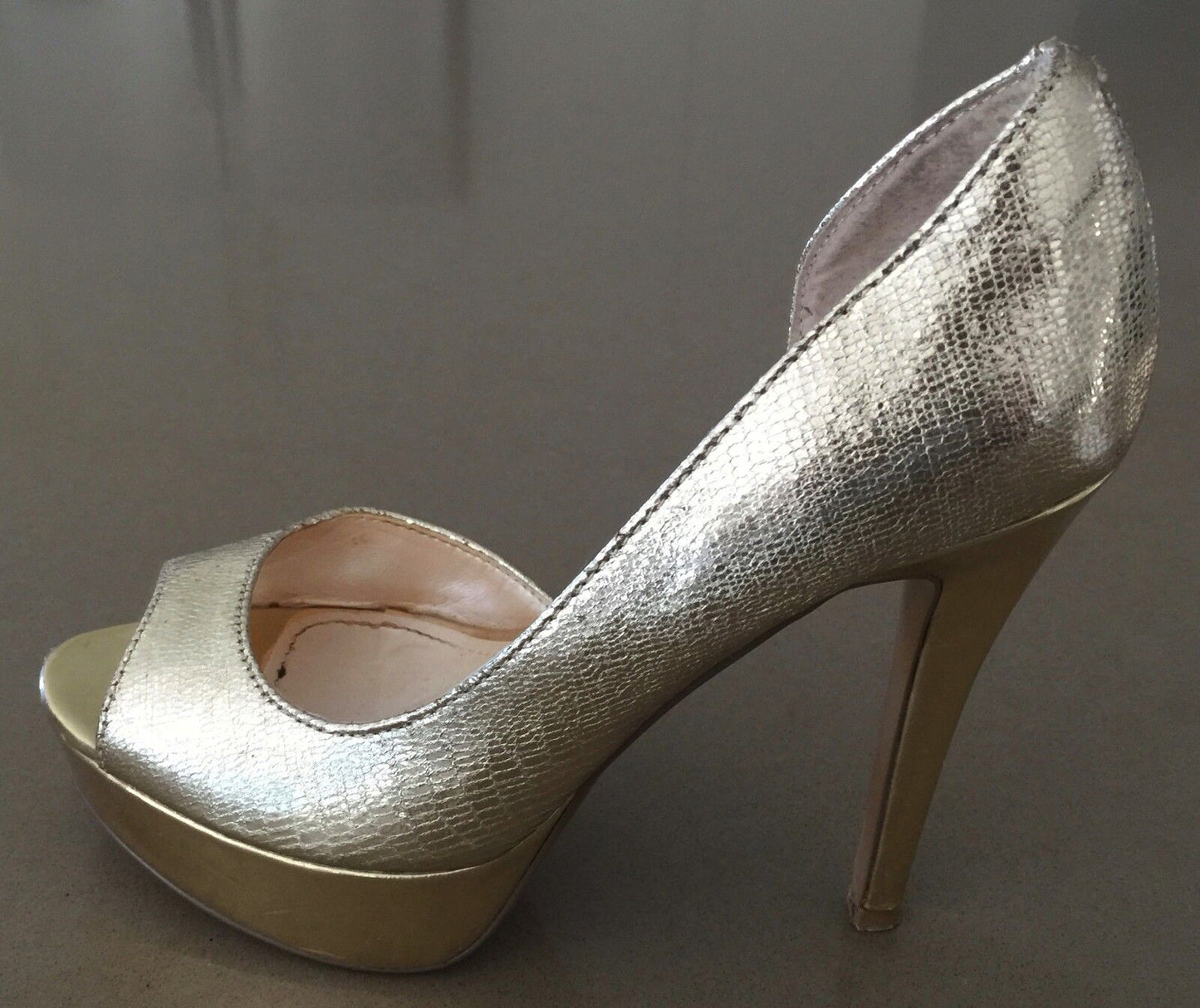 BETTS Shoes Gold Pleather Faux Snakeskin Open Toe Stilettos Pumps Sz 37 Gorgeous