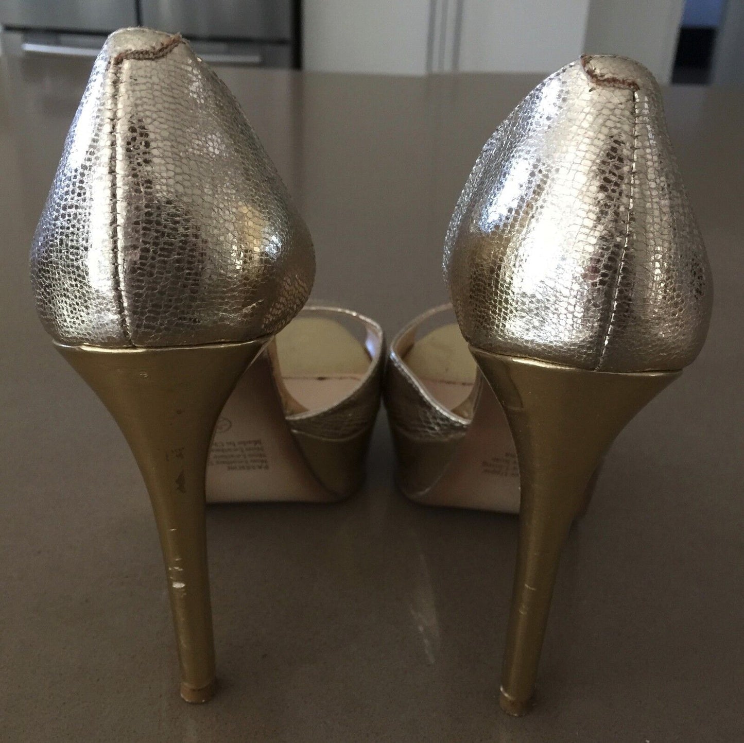 BETTS Shoes Gold Pleather Faux Snakeskin Open Toe Stilettos Pumps Sz 37 Gorgeous