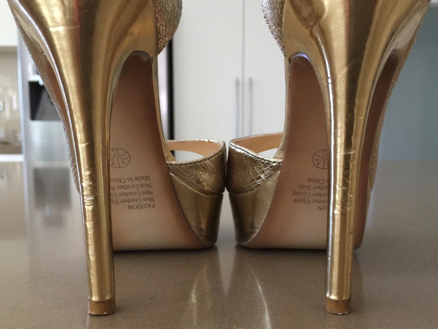 BETTS Shoes Gold Pleather Faux Snakeskin Open Toe Stilettos Pumps Sz 37 Gorgeous