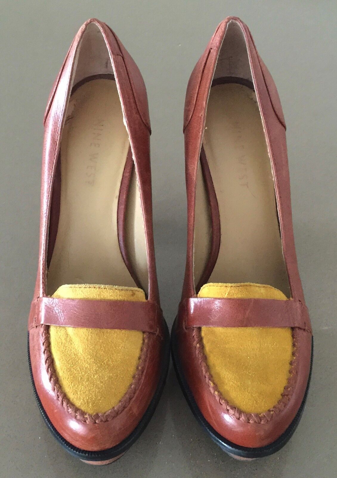 NINE WEST "Unmixed" Shoes Tan & Mustard Leather Loafer Style Pumps Size 5.5 NEW