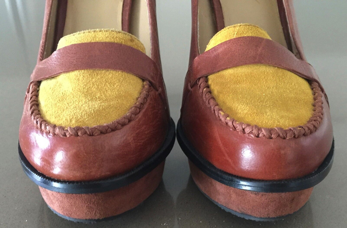 NINE WEST "Unmixed" Shoes Tan & Mustard Leather Loafer Style Pumps Size 5.5 NEW