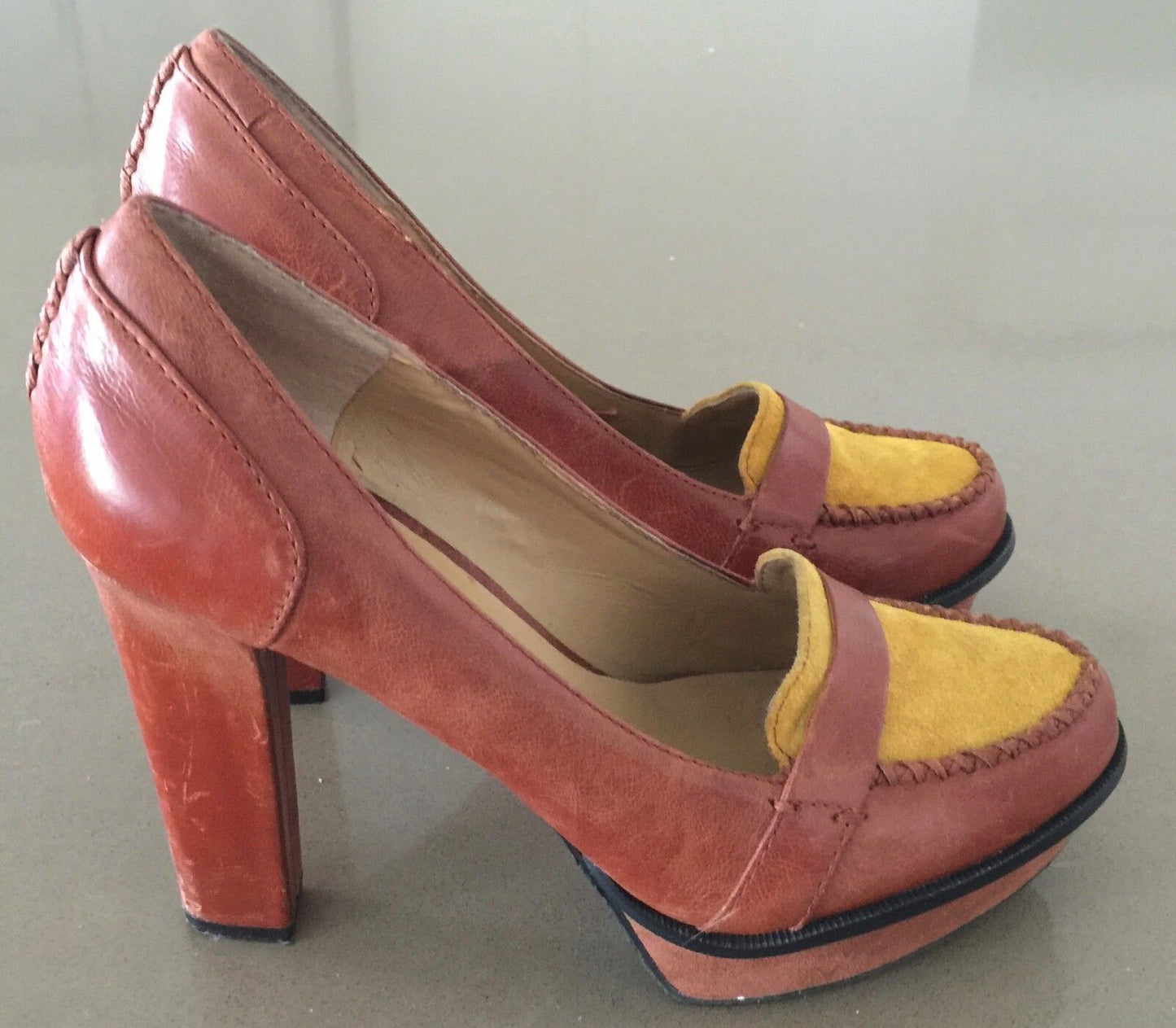 NINE WEST "Unmixed" Shoes Tan & Mustard Leather Loafer Style Pumps Size 5.5 NEW