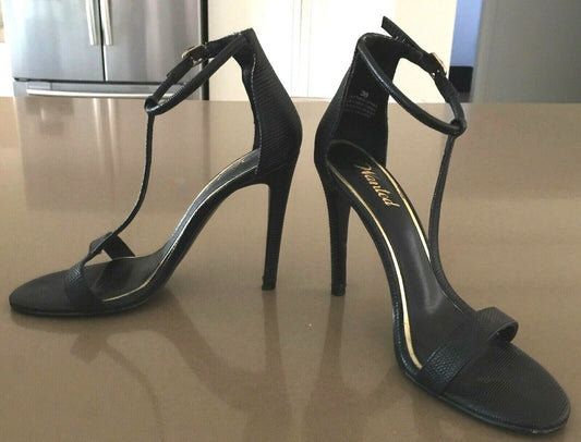 WANTED Shoes Black Pebble Leather T-Bar Stiletto Pumps High Heels Size 38 Retro