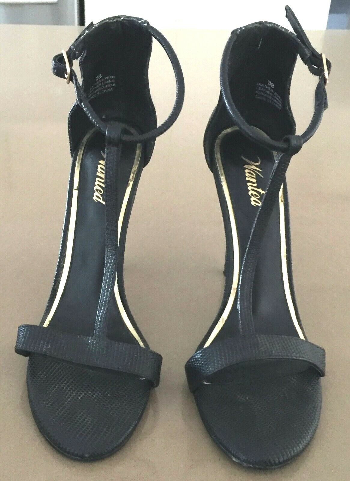 WANTED Shoes Black Pebble Leather T-Bar Stiletto Pumps High Heels Size 38 Retro