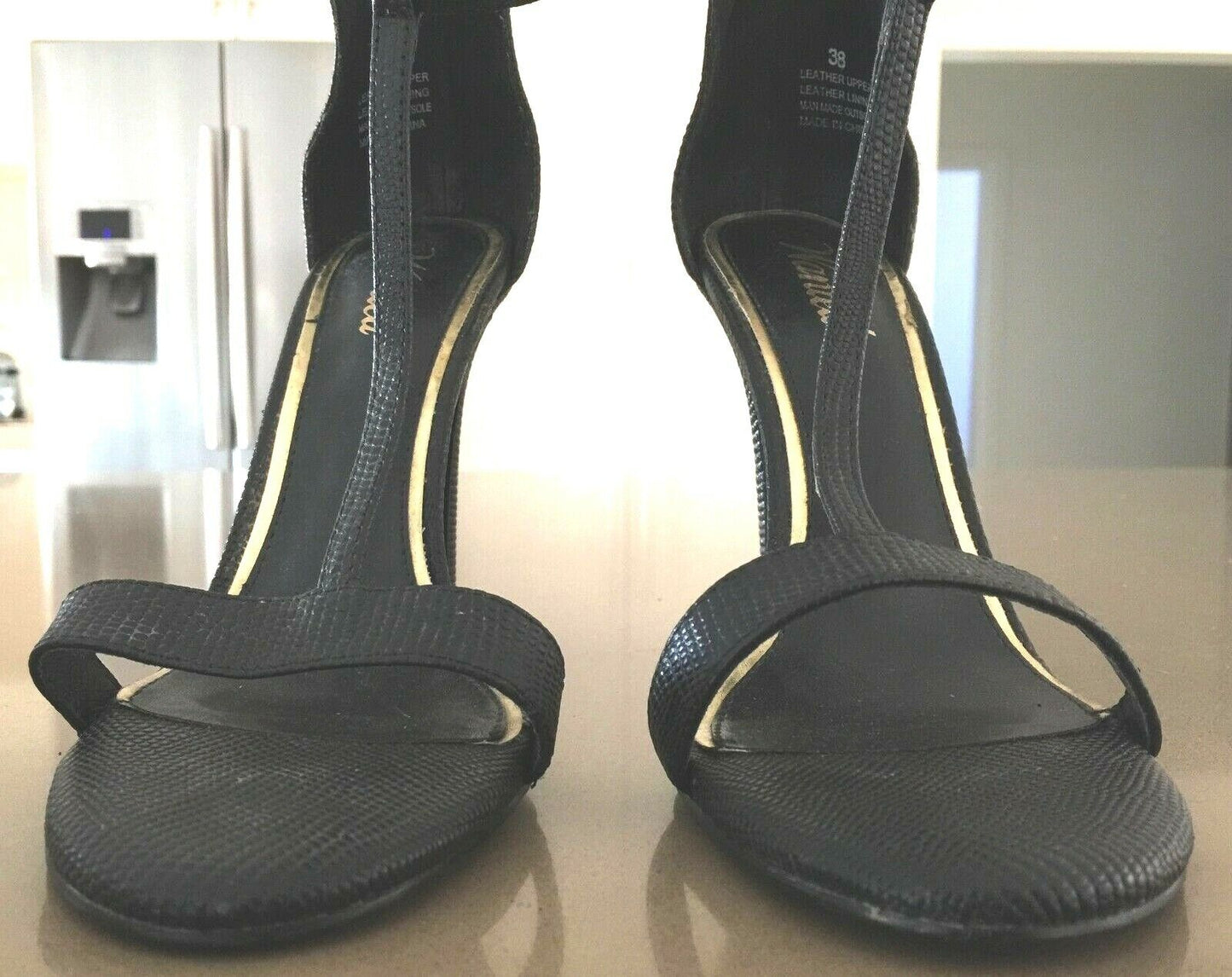 WANTED Shoes Black Pebble Leather T-Bar Stiletto Pumps High Heels Size 38 Retro