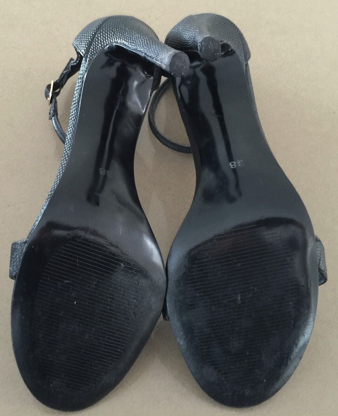 WANTED Shoes Black Pebble Leather T-Bar Stiletto Pumps High Heels Size 38 Retro