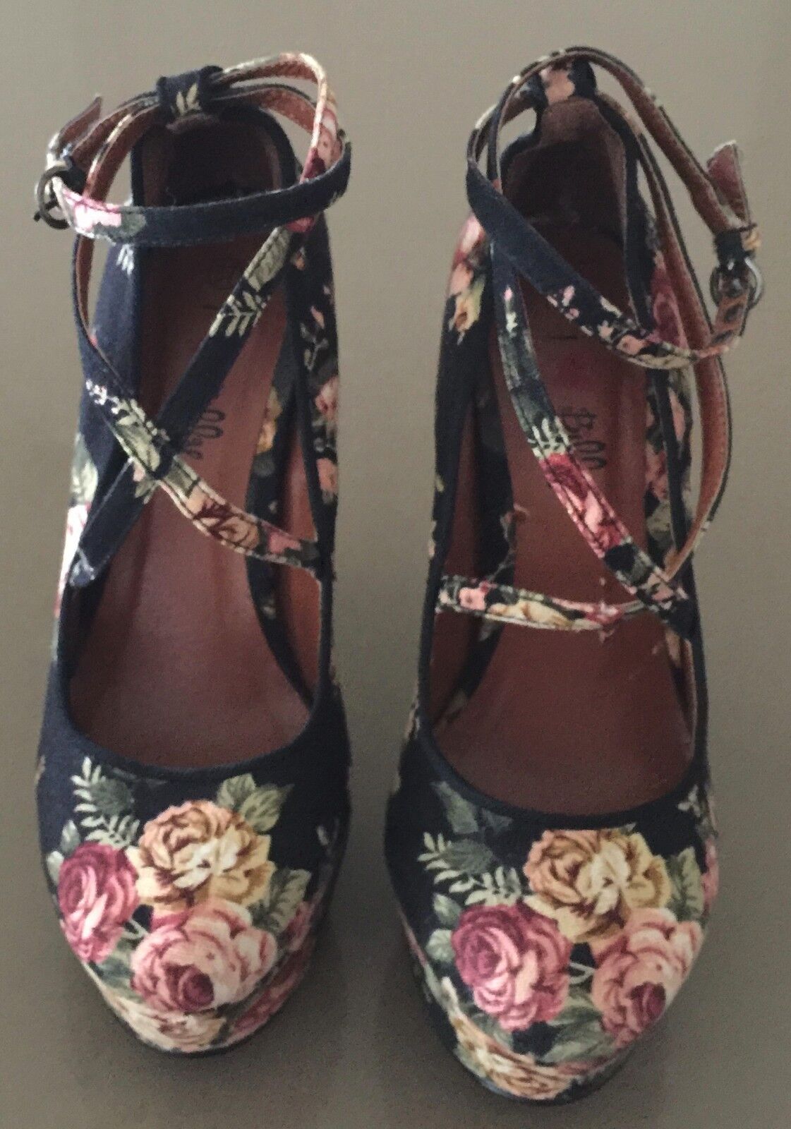 I LOVE BILLY Floral Canvas Ankle Strap Platform Pumps Shoes Size 37 Gorgeous!