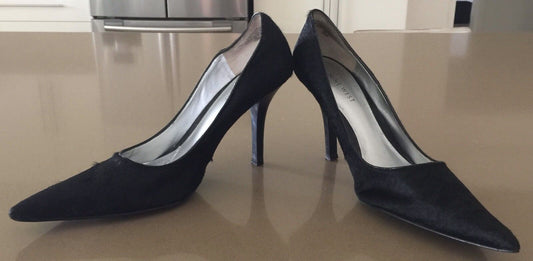 NINE WEST Pumps Pointy Stiletto Black Hair on Hide Shoes Size 10 M Retro Gem