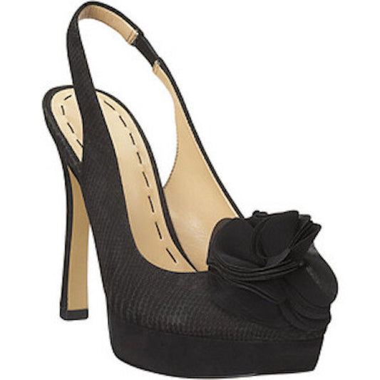 NINE WEST "Qutiepie" Sling Back Shoes Black Snake Print Leather Pumps Size 6M