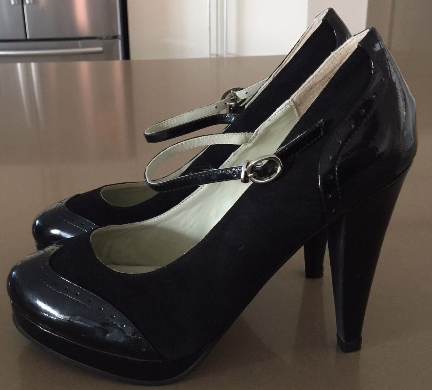 SHOES OF PREY Shoes Leather Mary Jane Brogue Pumps Black Suede Patent 39.5 NEW
