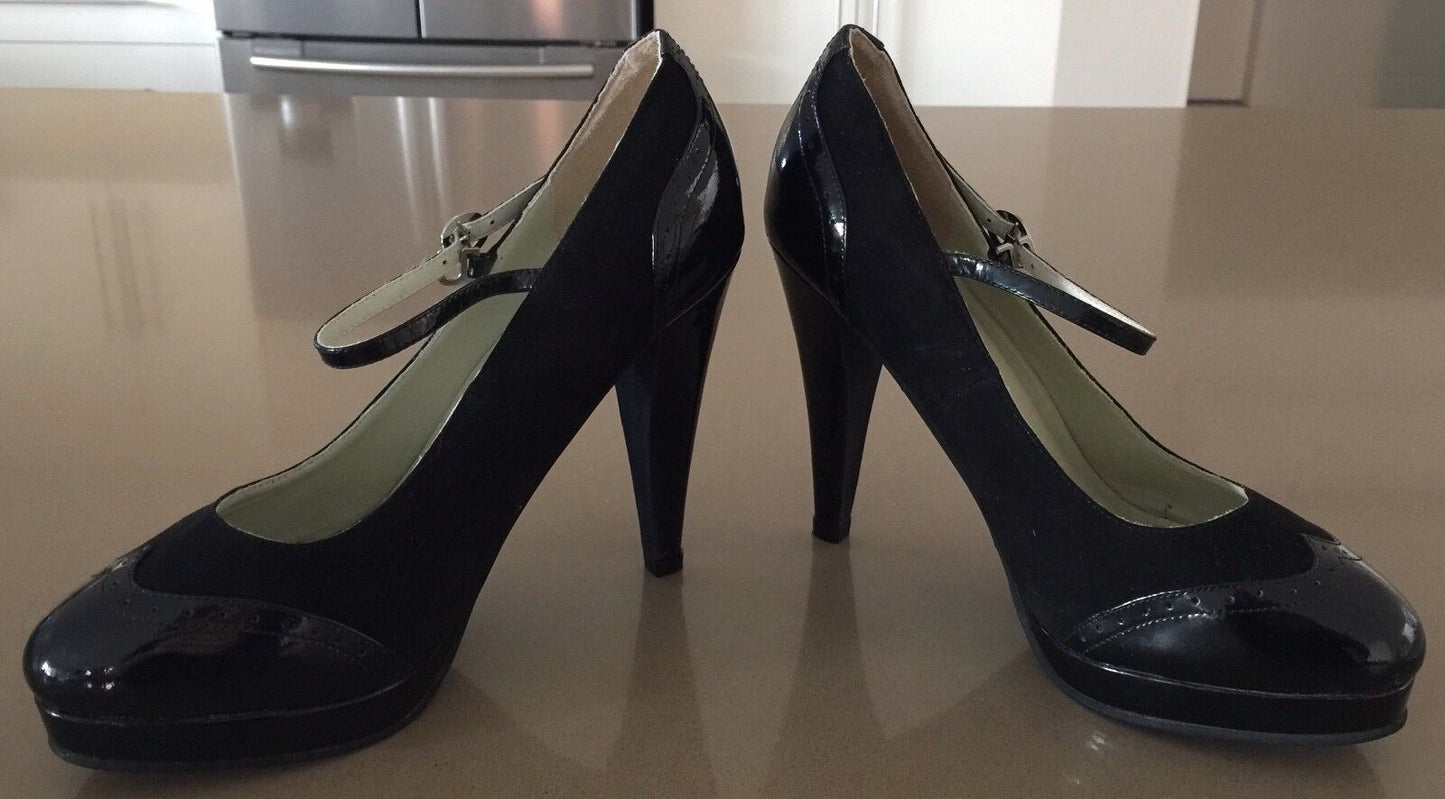 SHOES OF PREY Shoes Leather Mary Jane Brogue Pumps Black Suede Patent 39.5 NEW