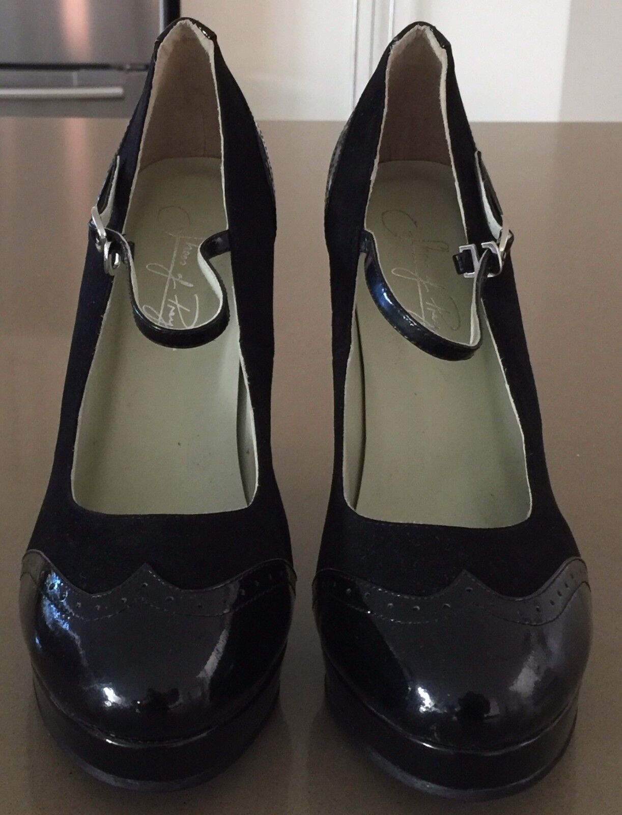 SHOES OF PREY Shoes Leather Mary Jane Brogue Pumps Black Suede Patent 39.5 NEW