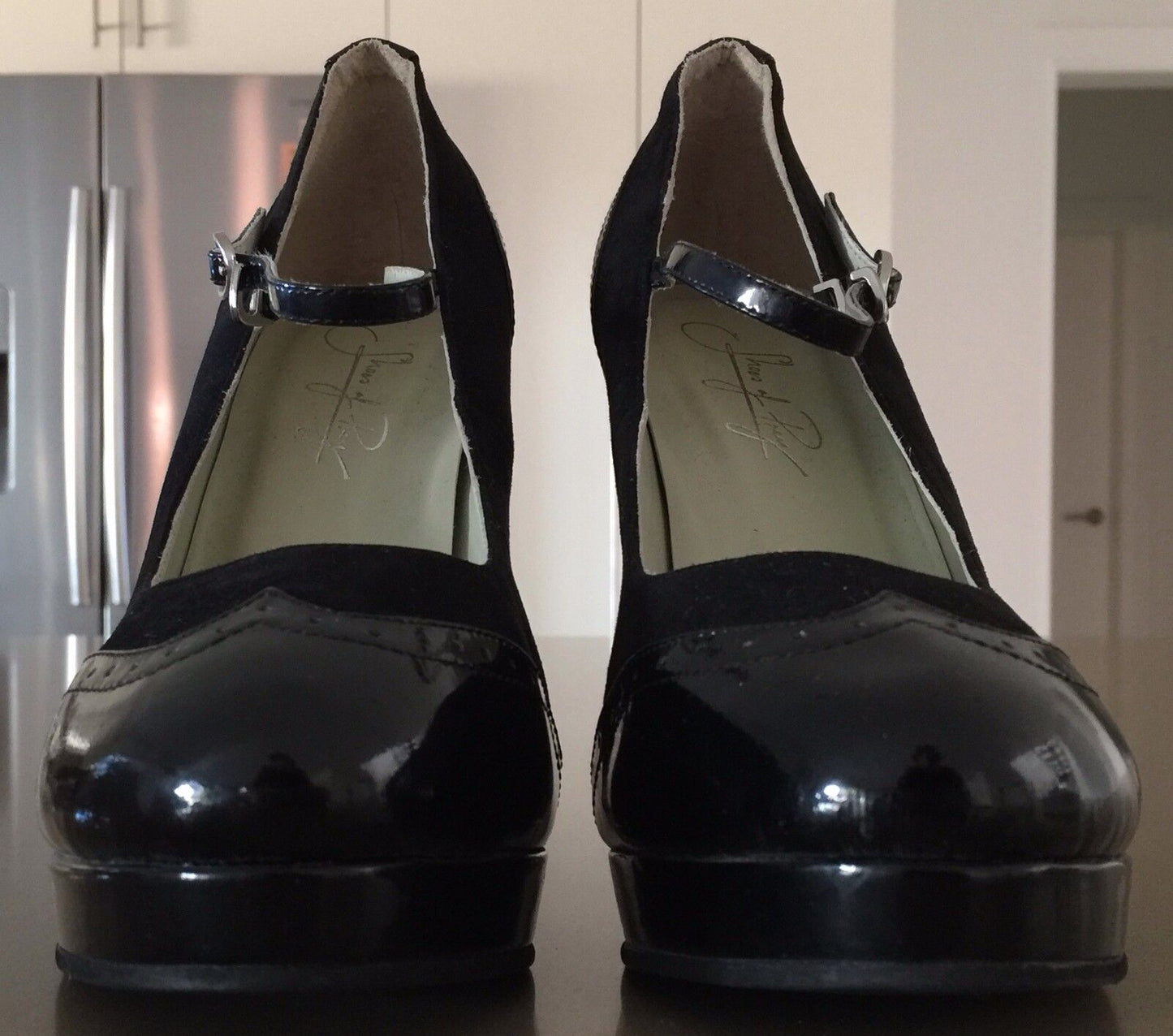 SHOES OF PREY Shoes Leather Mary Jane Brogue Pumps Black Suede Patent 39.5 NEW