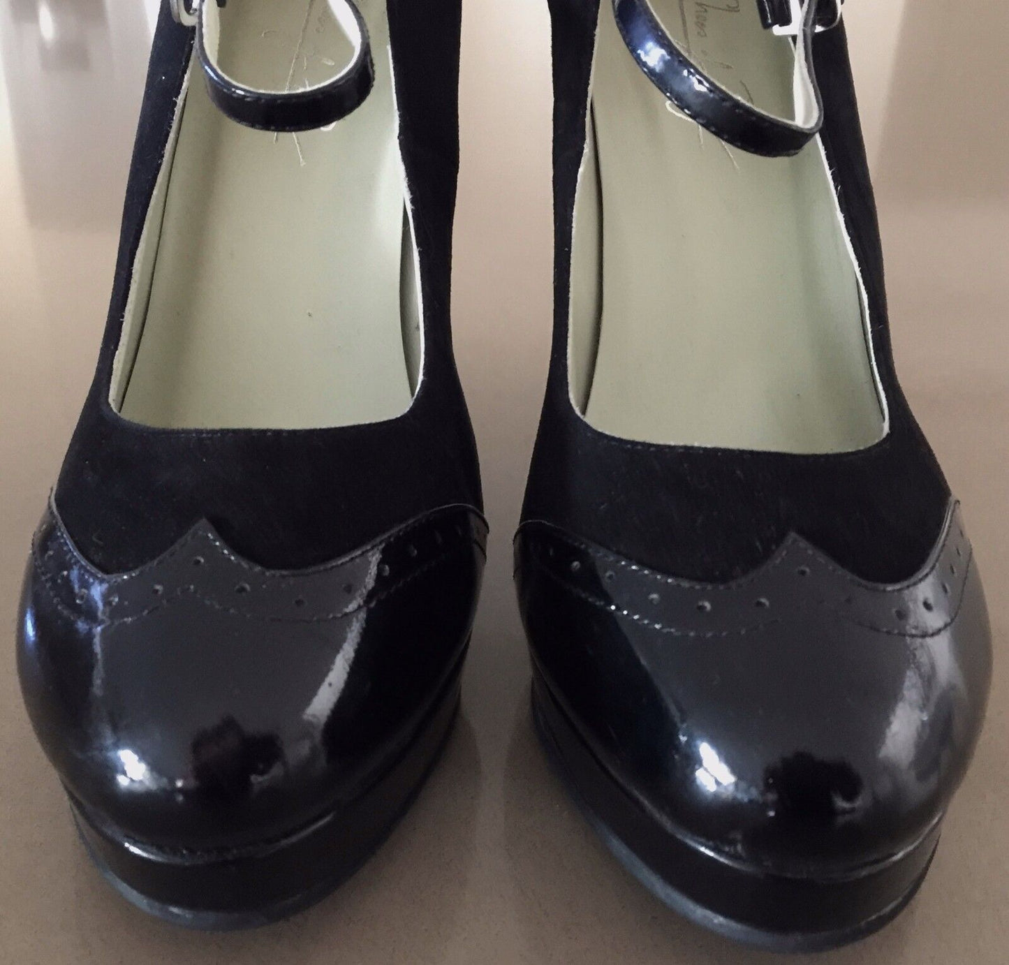 SHOES OF PREY Shoes Leather Mary Jane Brogue Pumps Black Suede Patent 39.5 NEW