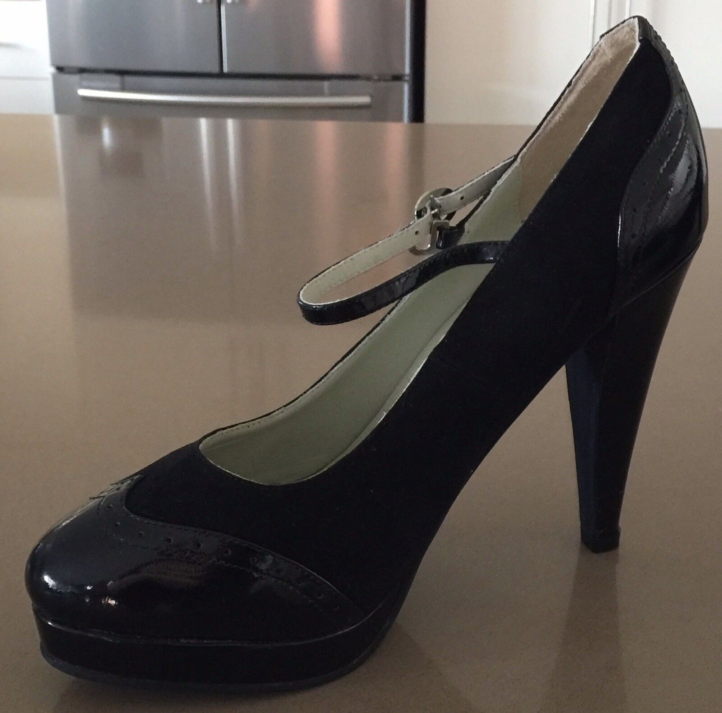 SHOES OF PREY Shoes Leather Mary Jane Brogue Pumps Black Suede Patent 39.5 NEW