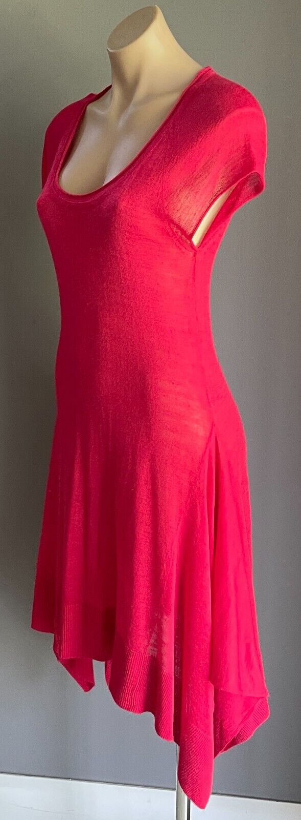 MARKS & SPENCER Dress Crimson Red Short Dip Hem Fine Knit Sz 12 Knee Length NEW