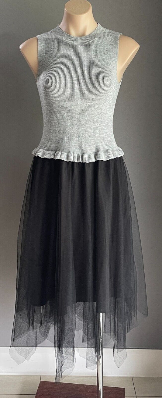 LIAN HU DIE Dress Grey Marl Sleeveless Knit Bodice Black Tulle Skirt Size S 10