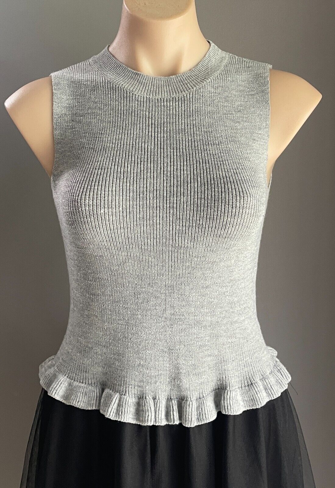 LIAN HU DIE Dress Grey Marl Sleeveless Knit Bodice Black Tulle Skirt Size S 10