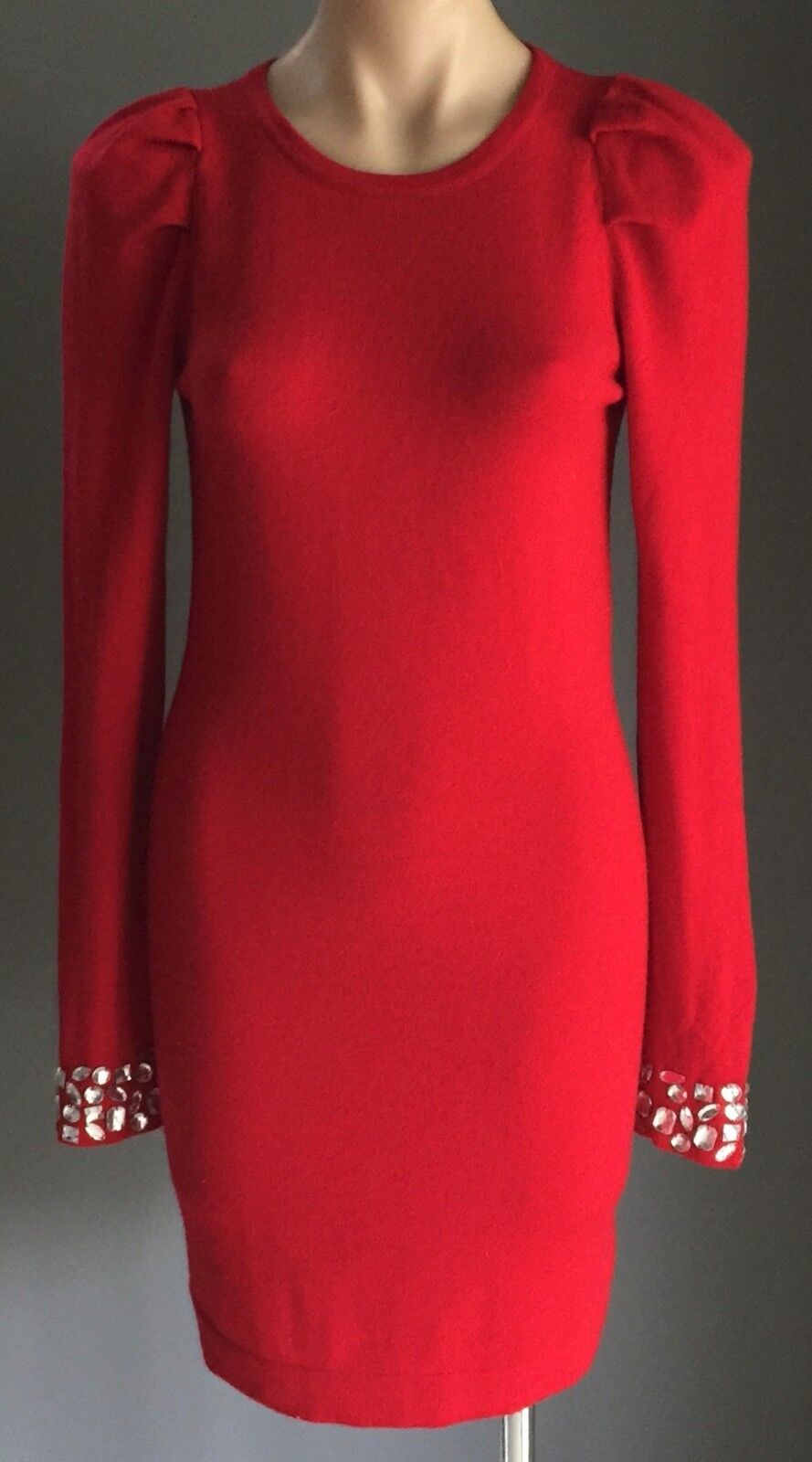 MODA INTERNATIONAL Red Knit Fitted Dress Crystals on Sleeves Size S 10 Vintage