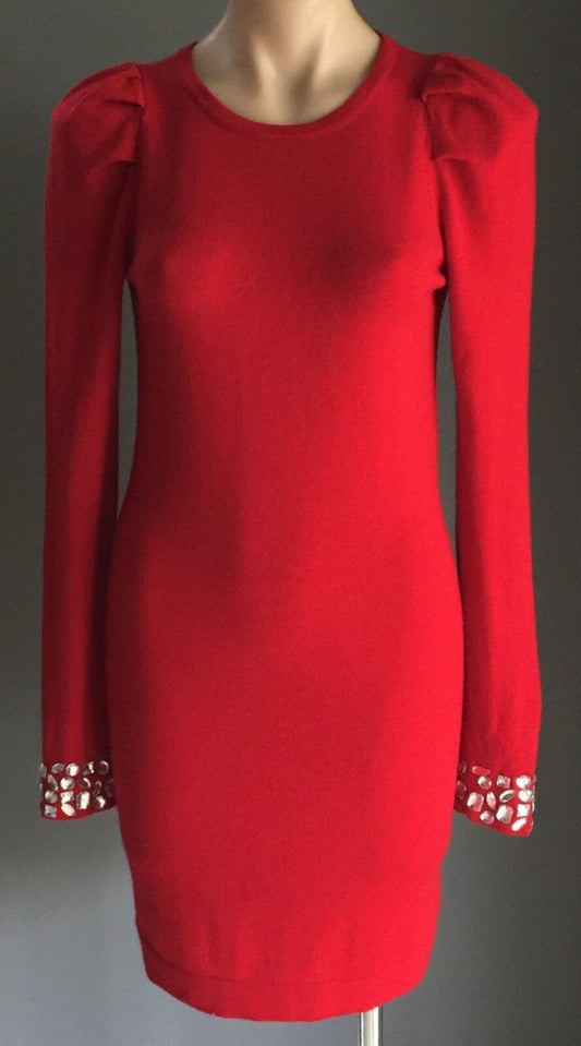 MODA INTERNATIONAL Red Knit Fitted Dress Crystals on Sleeves Size S 10 Vintage