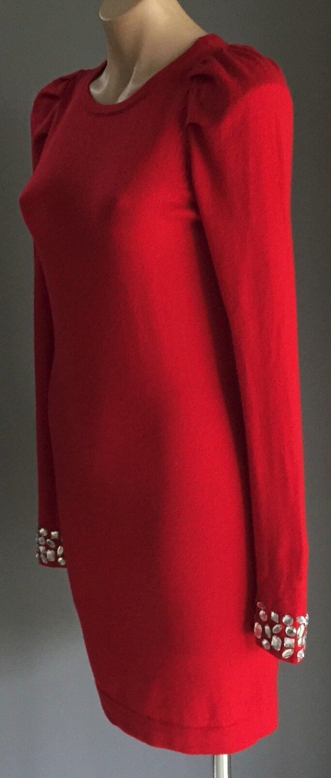 MODA INTERNATIONAL Red Knit Fitted Dress Crystals on Sleeves Size S 10 Vintage