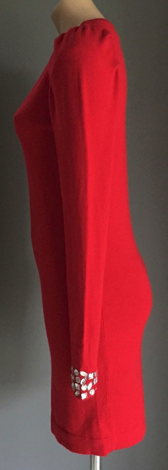 MODA INTERNATIONAL Red Knit Fitted Dress Crystals on Sleeves Size S 10 Vintage