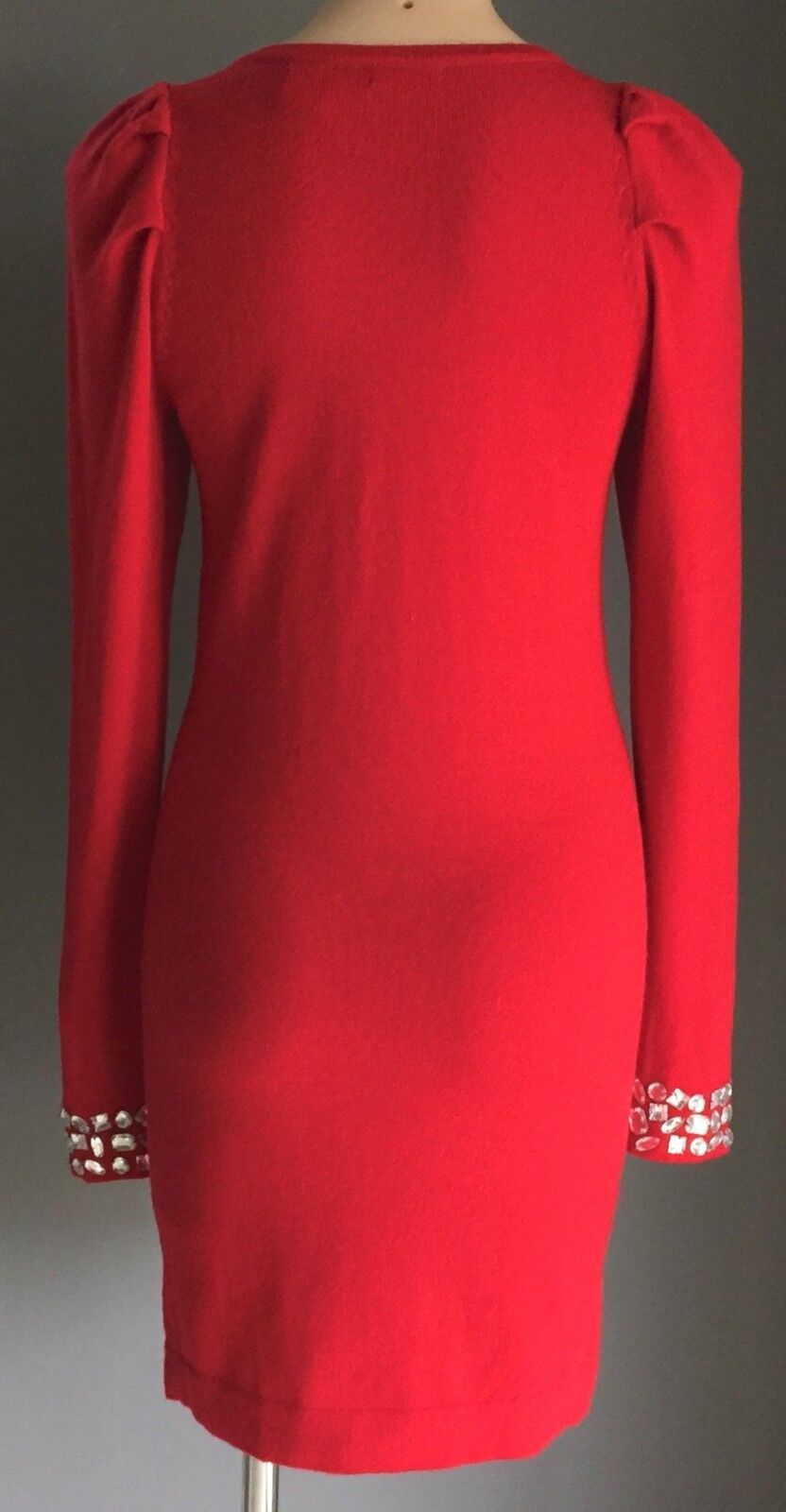 MODA INTERNATIONAL Red Knit Fitted Dress Crystals on Sleeves Size S 10 Vintage