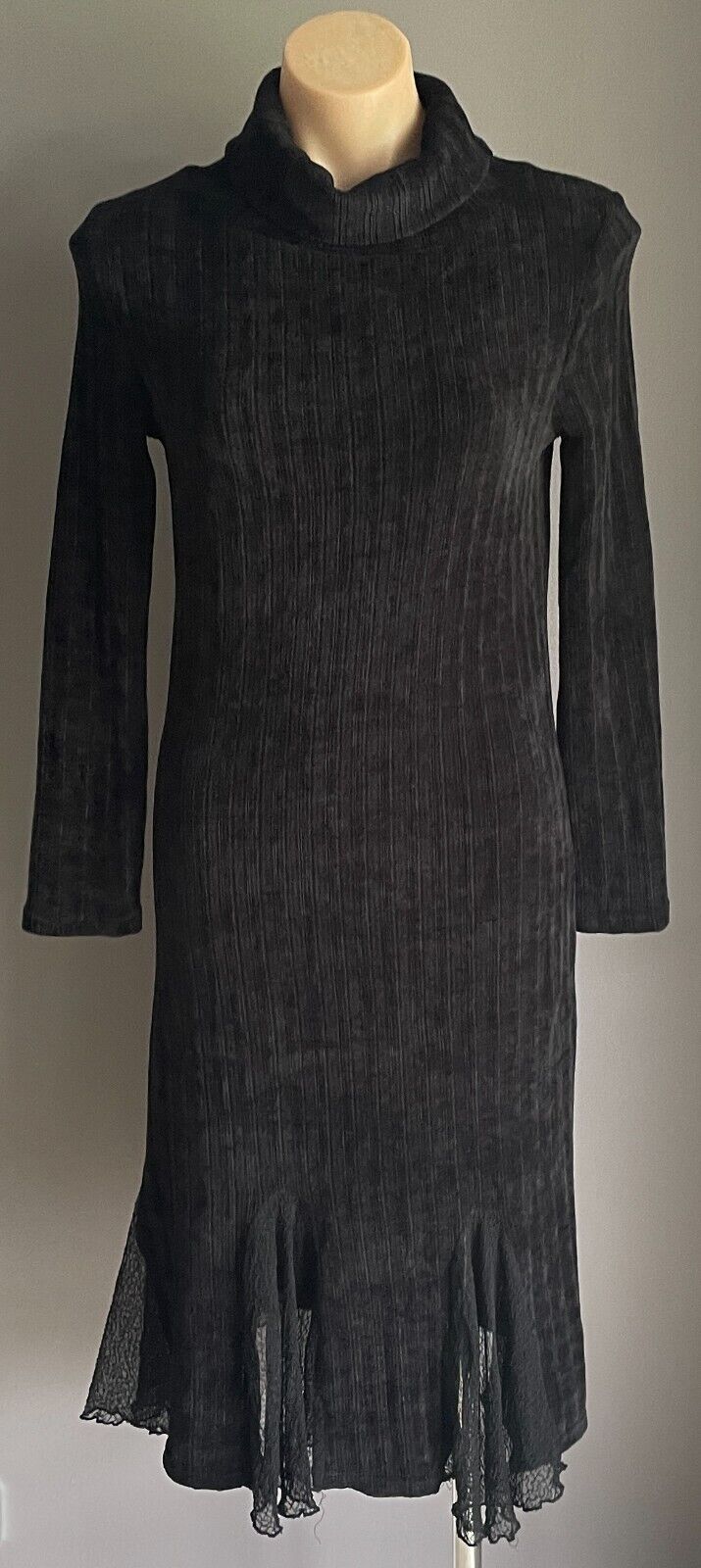 BLACK Stretch Knit Pencil Dress Roll Neck Long Sleeve Lace Hem Insert Sz 10 NEW