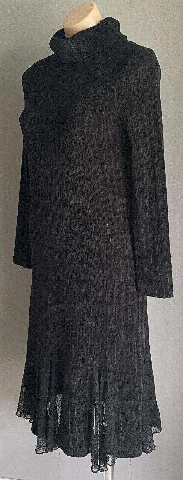 BLACK Stretch Knit Pencil Dress Roll Neck Long Sleeve Lace Hem Insert Sz 10 NEW