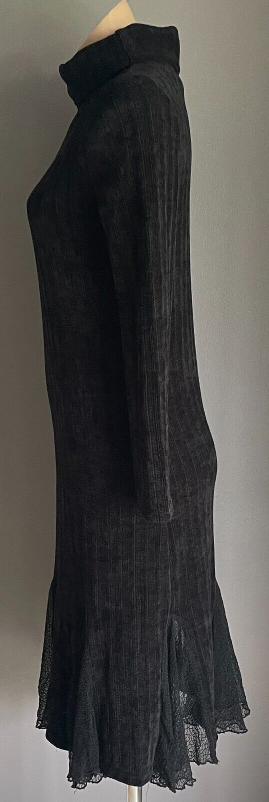 BLACK Stretch Knit Pencil Dress Roll Neck Long Sleeve Lace Hem Insert Sz 10 NEW