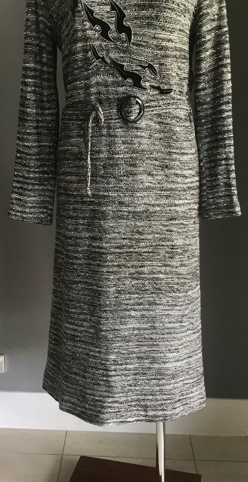 VERONA KNITS by LEON CUTLER Knit Dress Grey Black White Long Sleeve Size 12