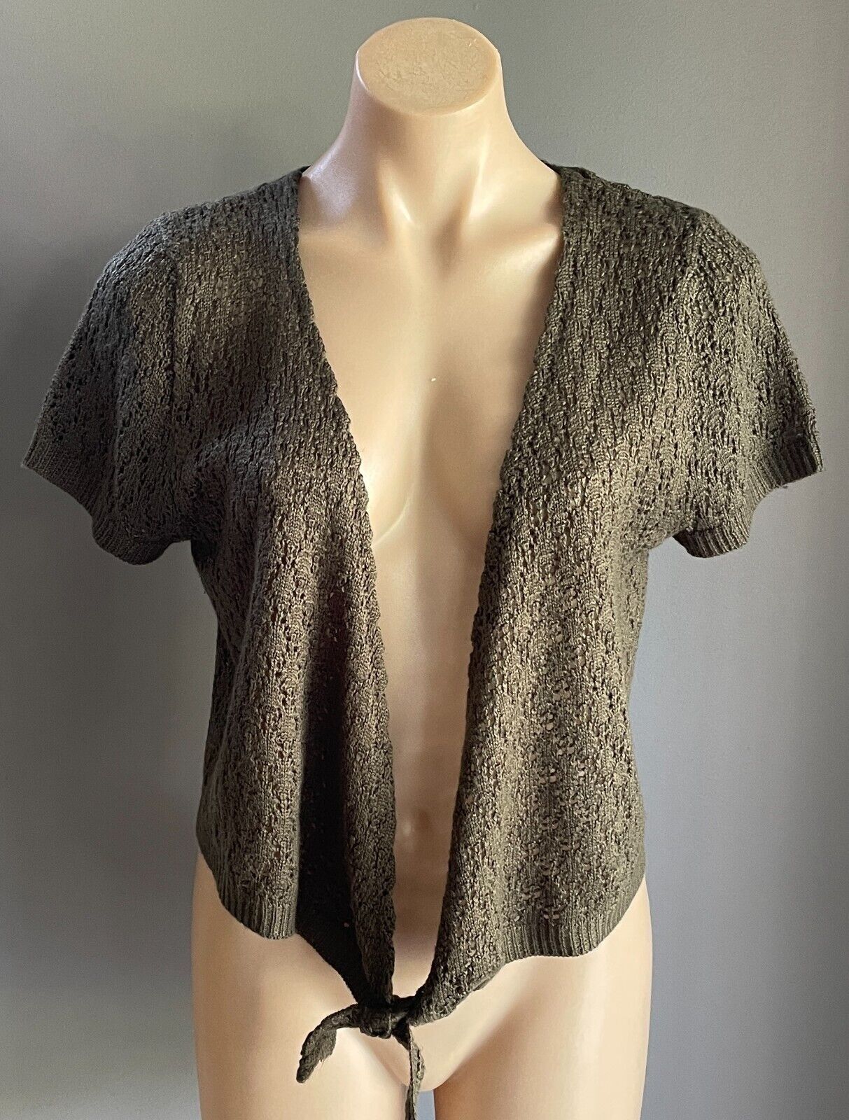 CROSSROADS Cardigan Khaki Open Knit Stitch Size XL Tie Front Short Sleeve Shrug