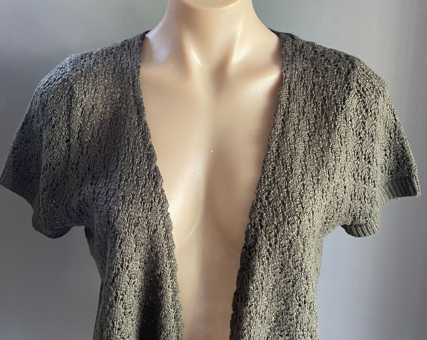 CROSSROADS Cardigan Khaki Open Knit Stitch Size XL Tie Front Short Sleeve Shrug