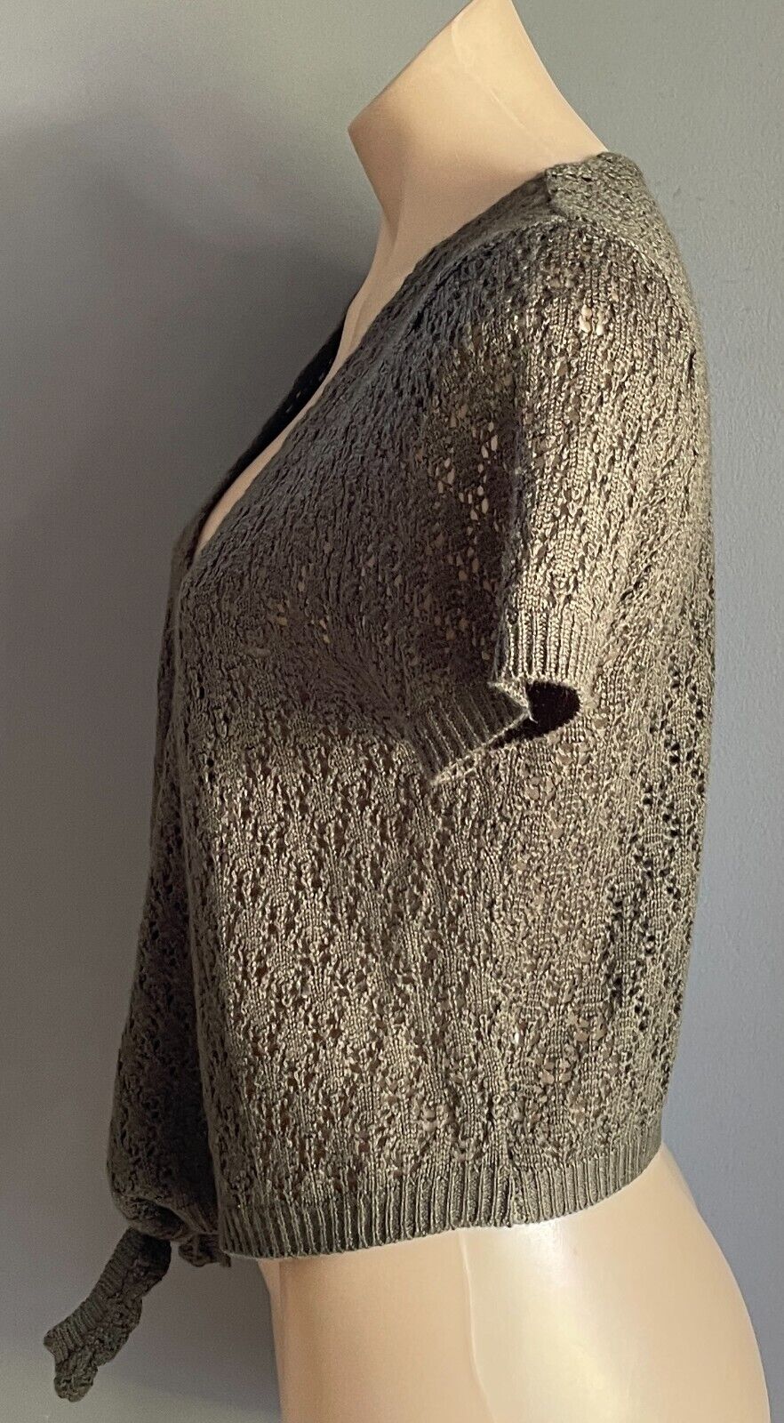 CROSSROADS Cardigan Khaki Open Knit Stitch Size XL Tie Front Short Sleeve Shrug