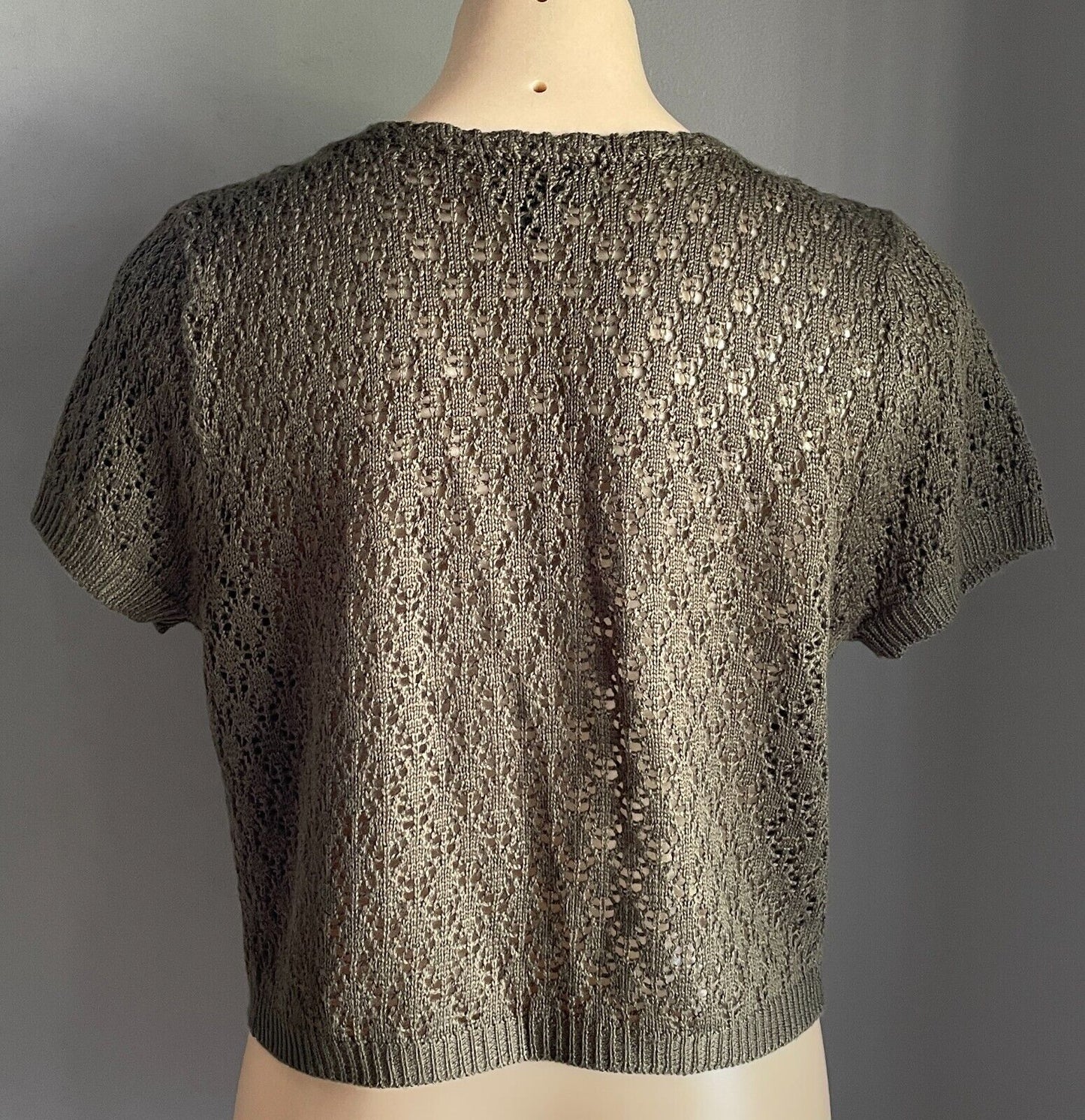 CROSSROADS Cardigan Khaki Open Knit Stitch Size XL Tie Front Short Sleeve Shrug