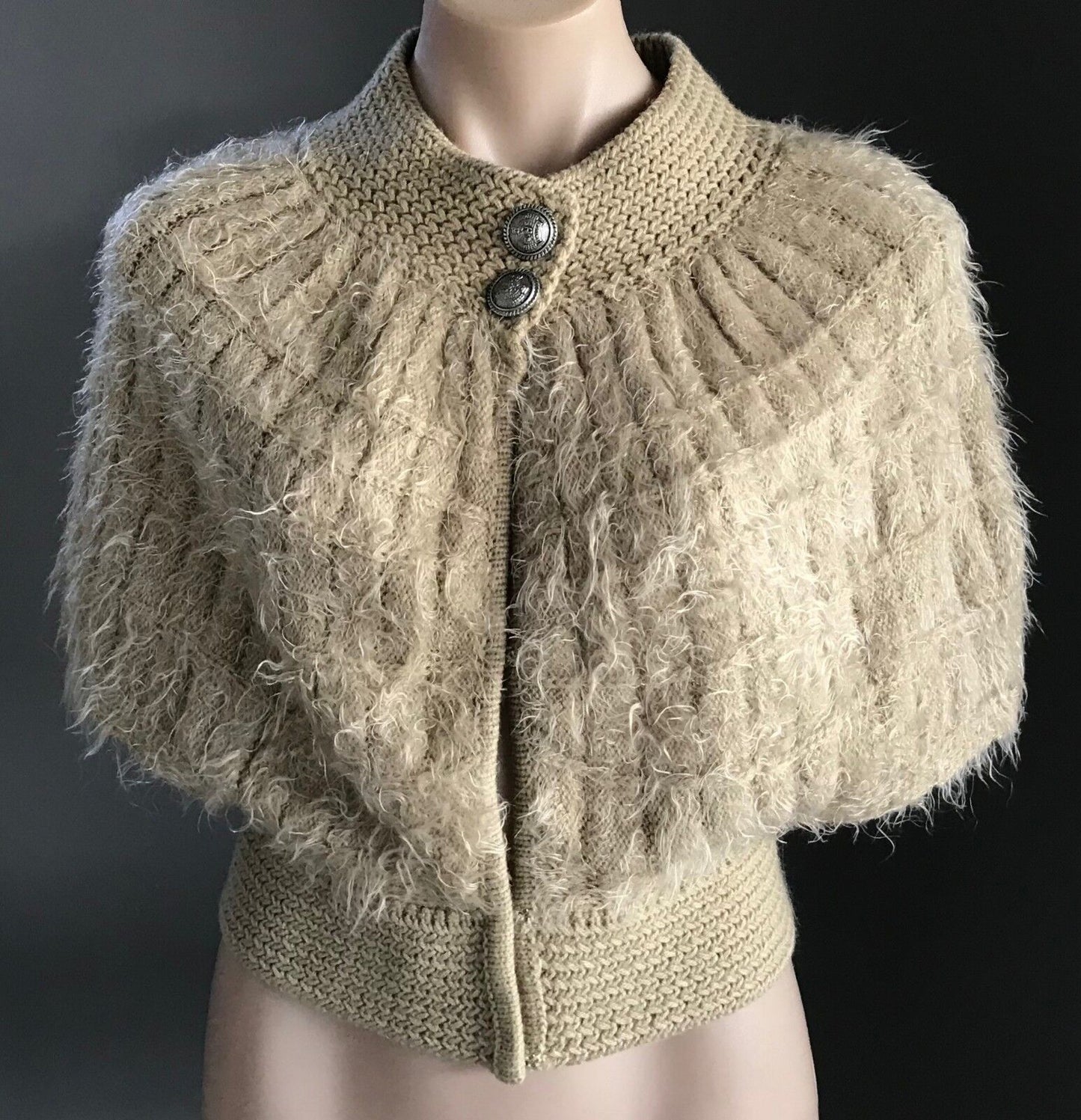 SES Knit Shrug Cardigan Beige & Gold Thread "Fluffy" Cape Poncho Cardigan Sz10
