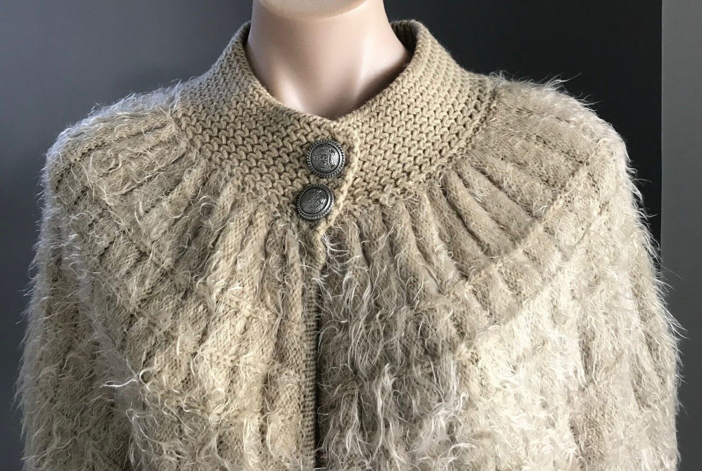 SES Knit Shrug Cardigan Beige & Gold Thread "Fluffy" Cape Poncho Cardigan Sz10